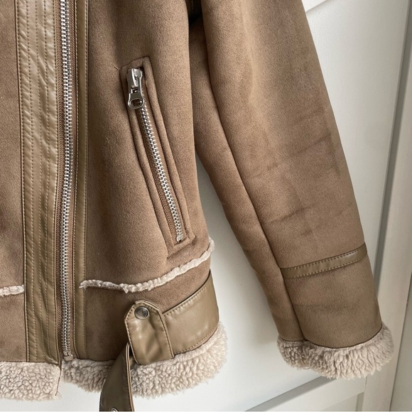 Zara trendy tan beige aviator faux suede Sherpa shearling moto jacket size S - Picture 12 of 15